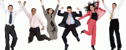 People in professional clothing jumping in celebration