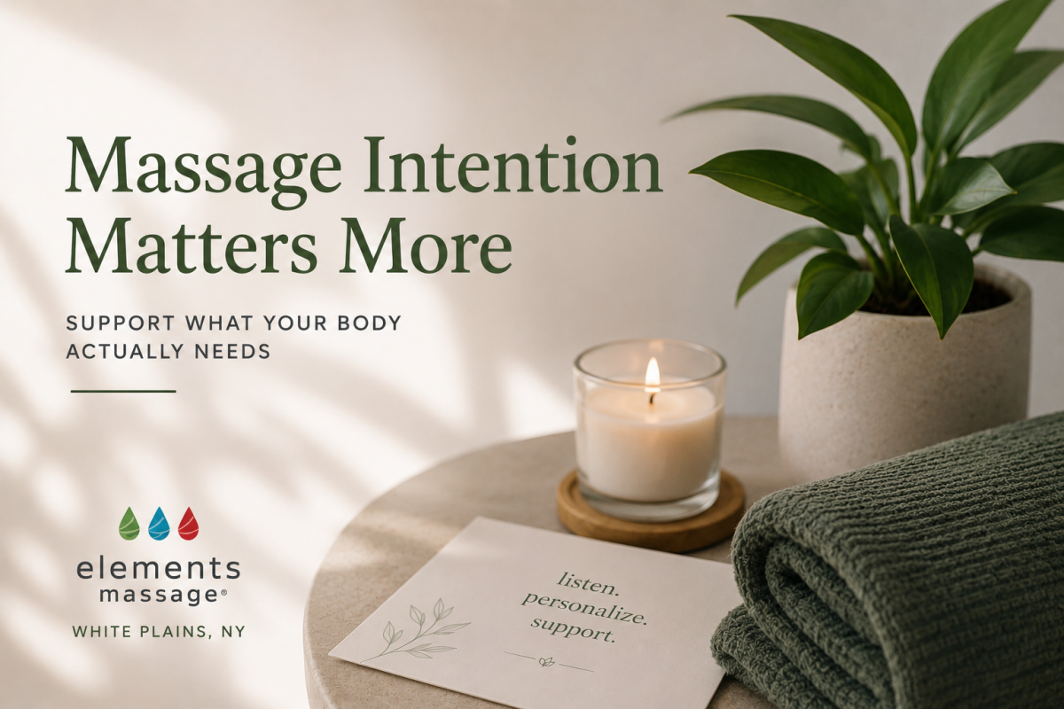 Elements Massage White Plains blog image about personalized massage therapy. A calming wellness scene with a consultation card, candle, towel, and plant reflects customized care, communication, relaxation, recovery, and supporting what the body needs most
