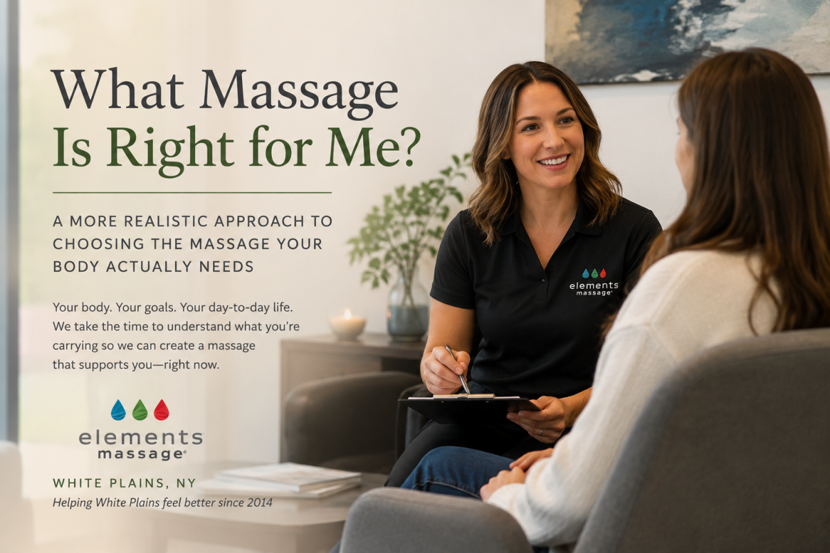 Massage consultation at Elements Massage White Plains discussing personalized massage therapy. Blog image for “What Massage Is Right for Me?” highlighting customized care, communication, relaxation, recovery, and therapeutic massage options.