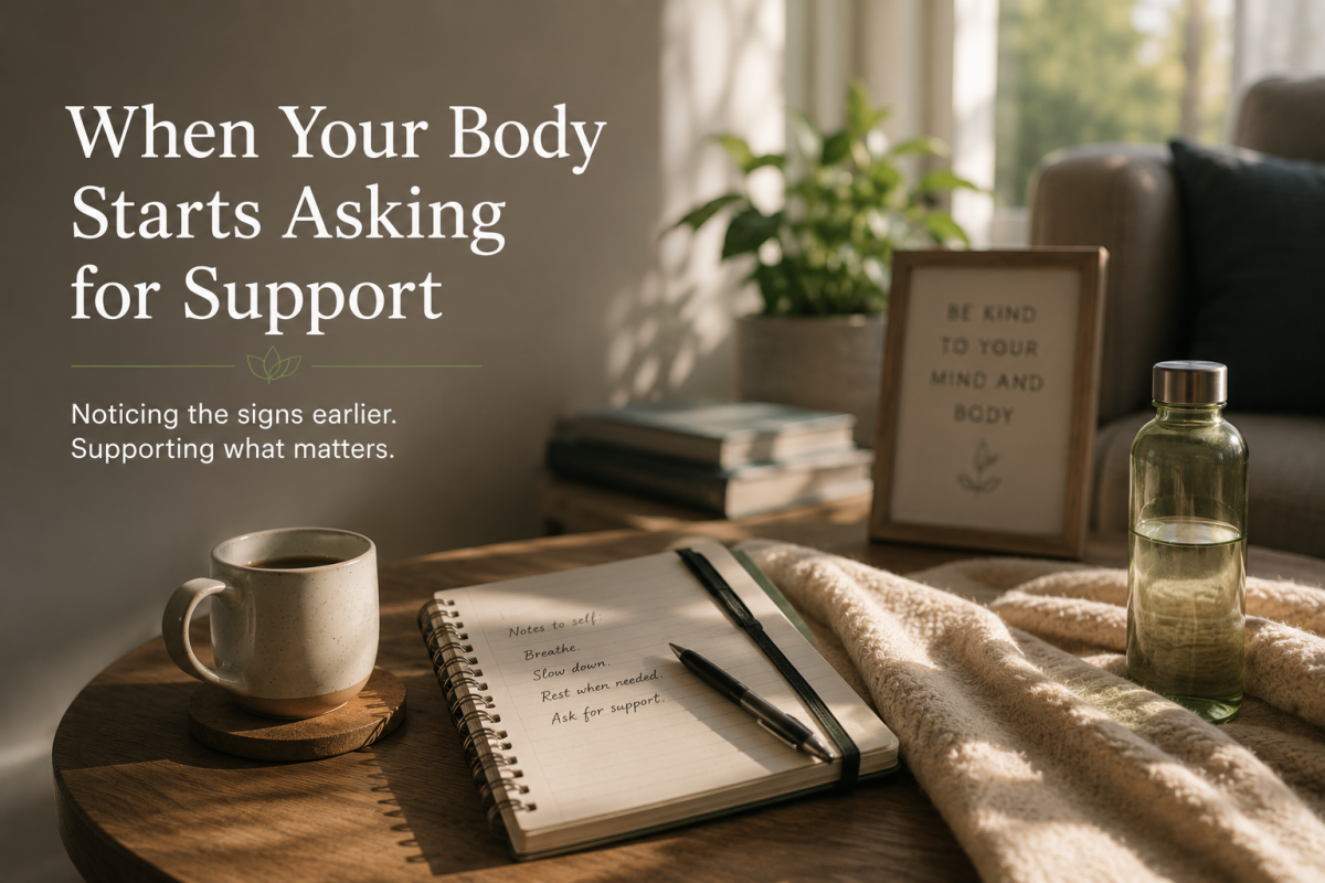 Editorial lifestyle image for an Elements Massage White Plains article about recognizing early signs of stress and tension. A notebook, coffee mug, water bottle, and blanket rest on a table in a softly lit living room, illustrating the idea that the body