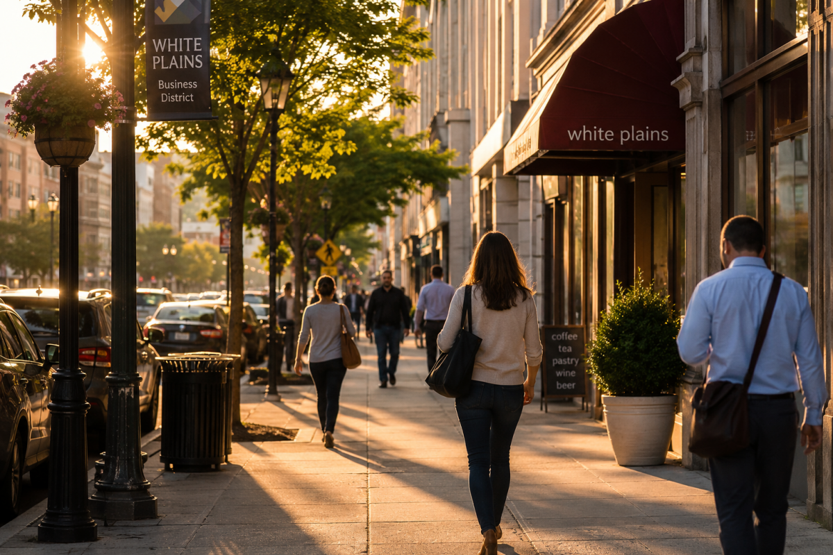 People walking along a downtown White Plains sidewalk during golden hour, reflecting the everyday routines and community life that shape wellness in White Plains, NY.